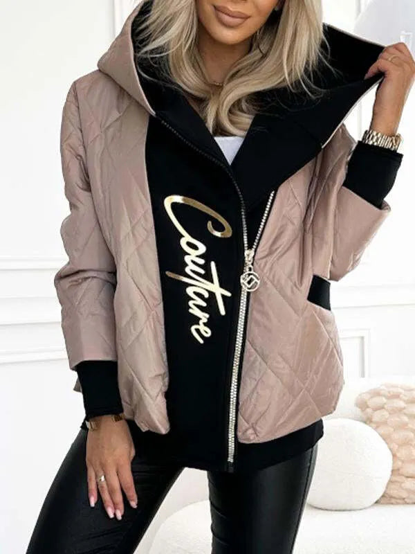 🔥Limited-time deal!😍Women's Hooded Zipper Stitching Contrast Color Letter Print Casual Cotton Coat