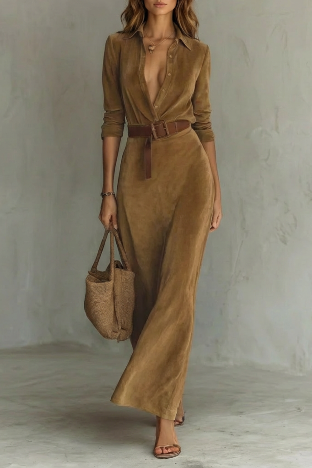 Elegant Pleated Belted Dress – Autumn Solid Color Long Shirt Dress