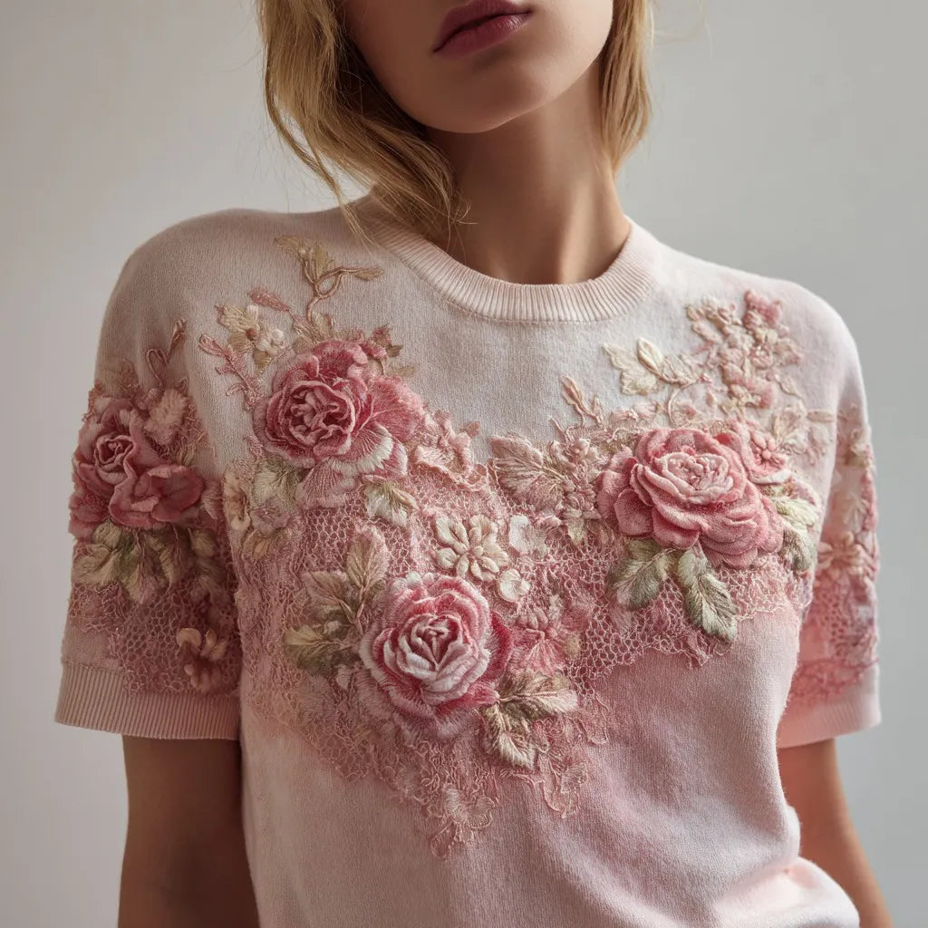 Women's Fashion Rose Embroidery Gradient Cotton Round Neck T-shirt