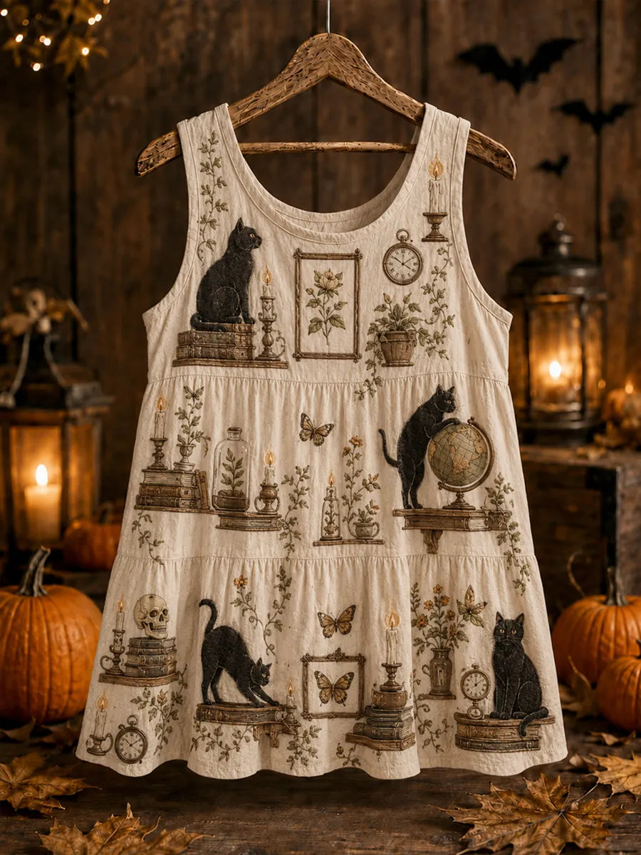 Women's Halloween Cat Floral Print Sleeveless Tank Top
