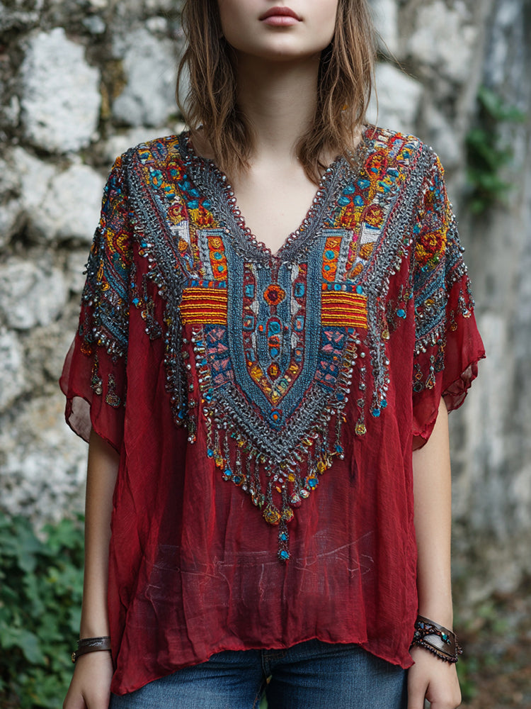 Women's Vintage Boho Nepal Ethnic Art V-neck Shirt