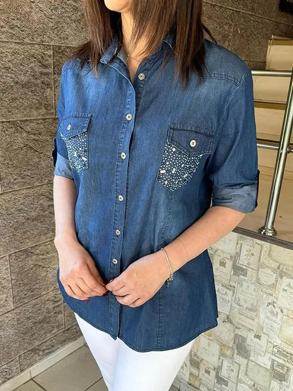 Denim pocket rhinestone jacket