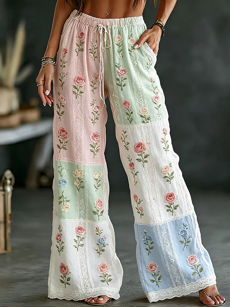 Vintage Rose Art Embroidery Color-block Spliced Comfortable Cotton Linen Trousers