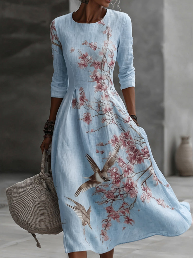 Japanese Plum Blossom Art Embroidered Casual Linen Maxi Dress