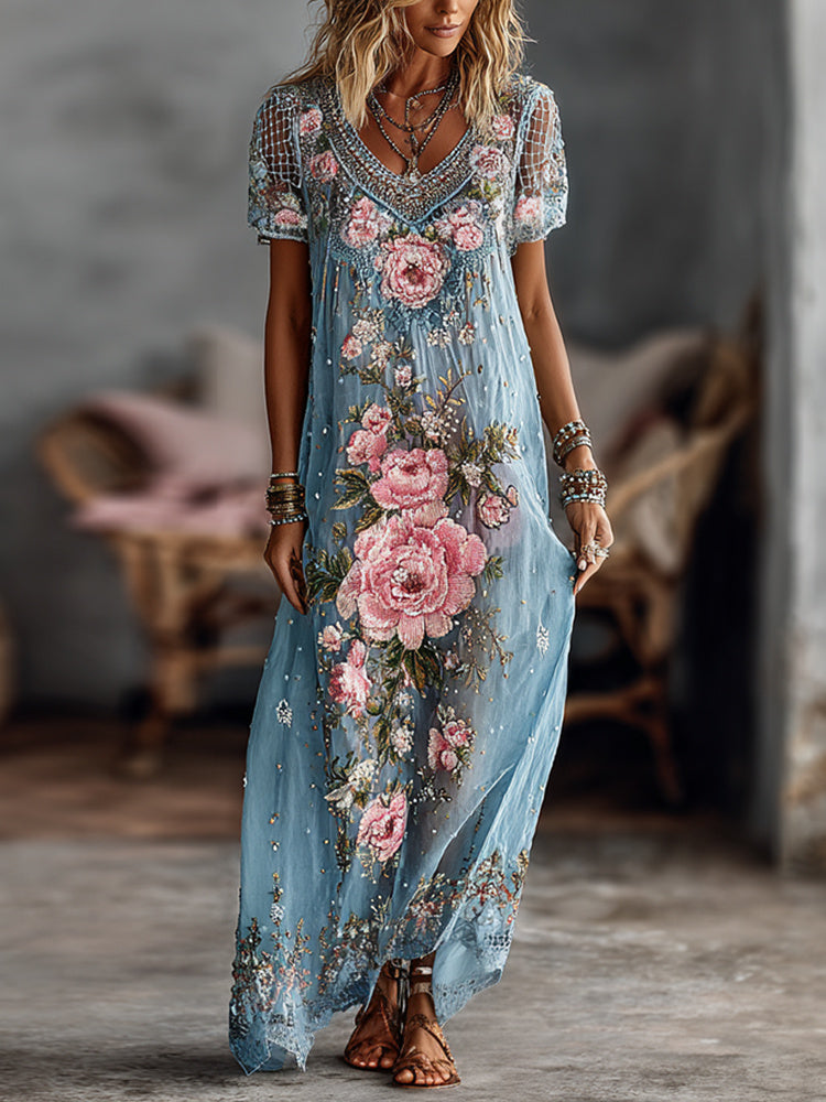 Women's Floral Roses Art Print Flowy Linen Blend Casual Short Sleeve Maxi Dress