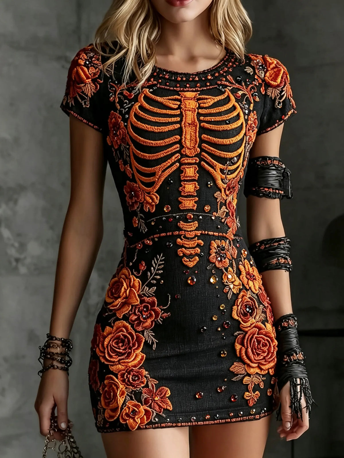 Women's Retro Halloween Skull And Floral Embroidered Round Neck Short Sleeve Dress
