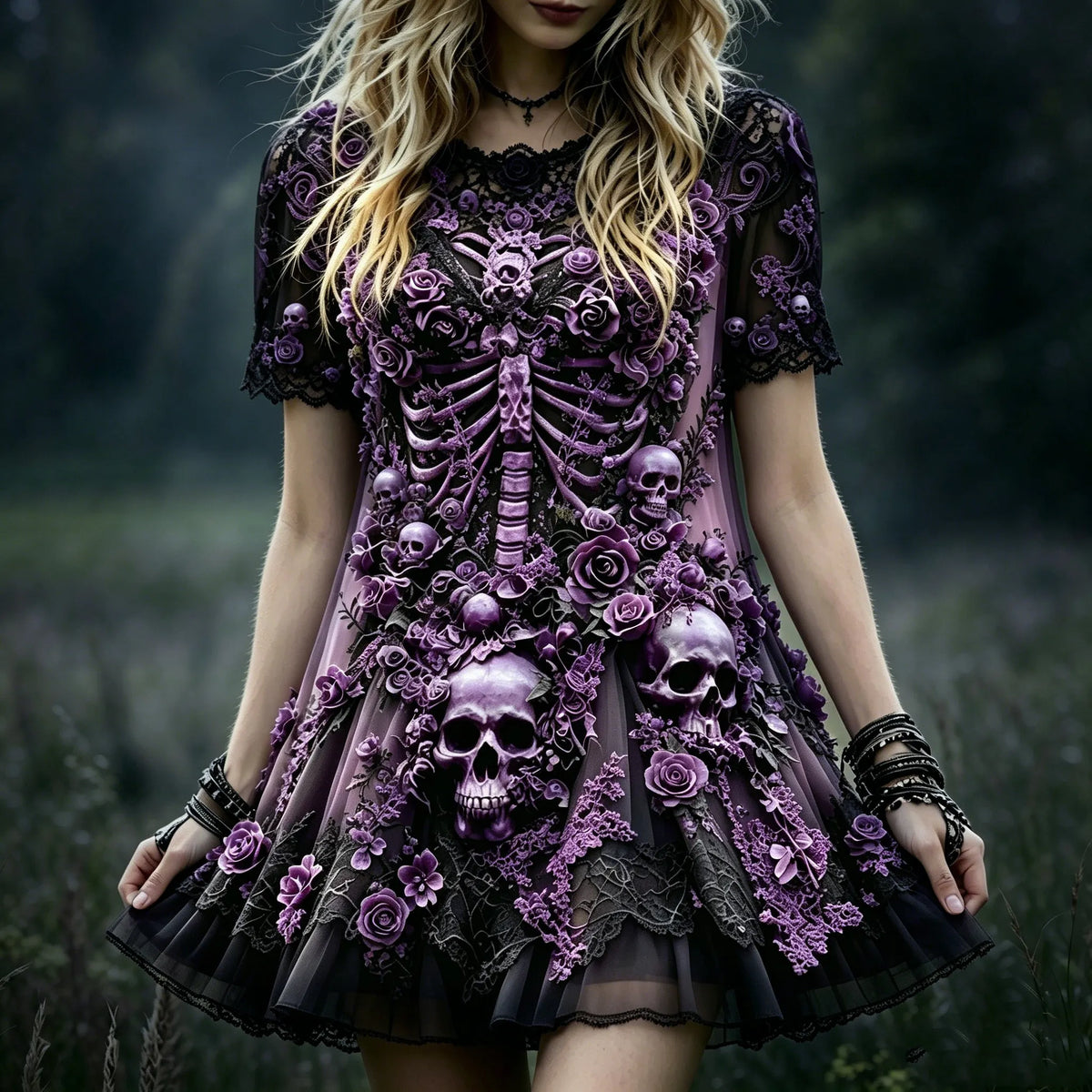 Women's Bohemian Halloween Dress With Skull, Skeleton, Rose, And Lace Print