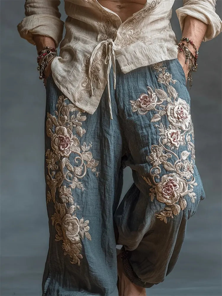 Men's Vintage Roses Embroidered Drawstring Wide Leg Linen Pants