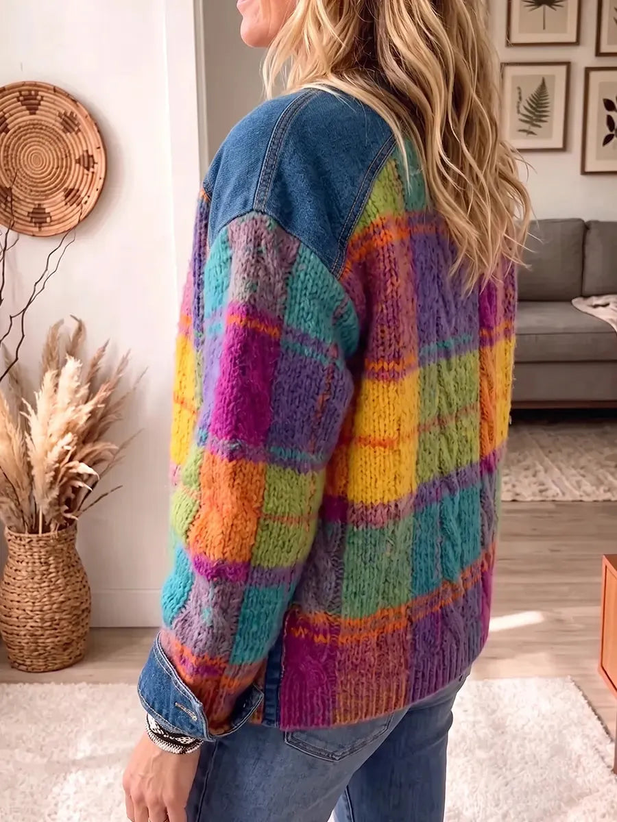 Vintage Elegant Color-blocked Denim Sweater Jacket
