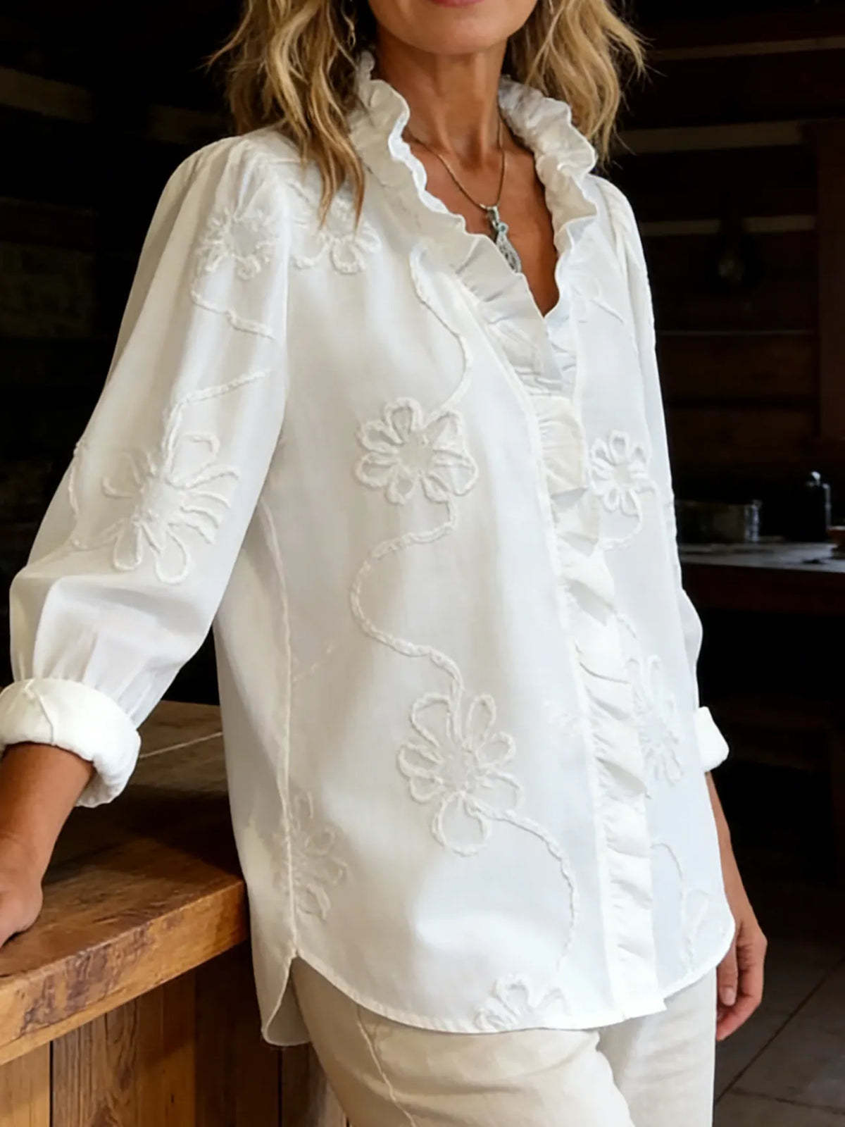 Elegant Ruffled Collar Embroidered Floral Shirt