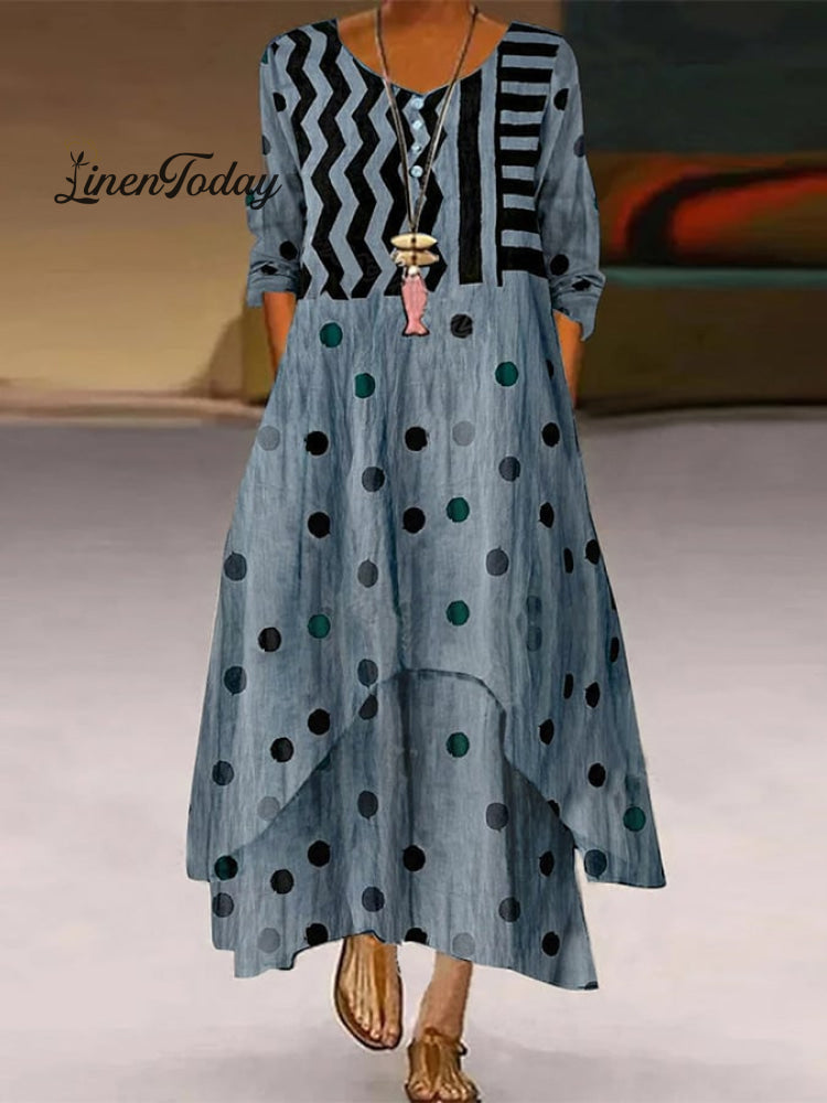 Elegant Casual Double Layer Print Contrast Color Dress