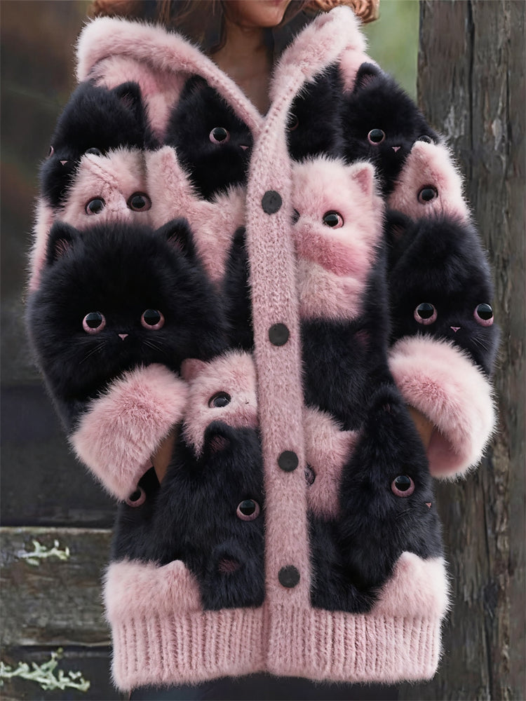 Lovely Pink & Black Cats Fuzzy Knit Hooded Cardigan
