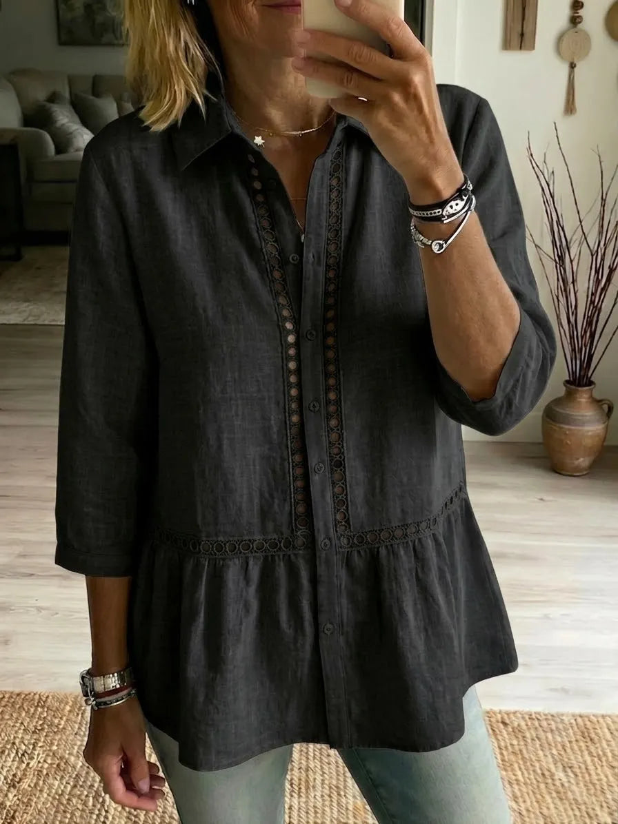 Casual Patchwork Openwork Webbing Linen And Cotton Shirt