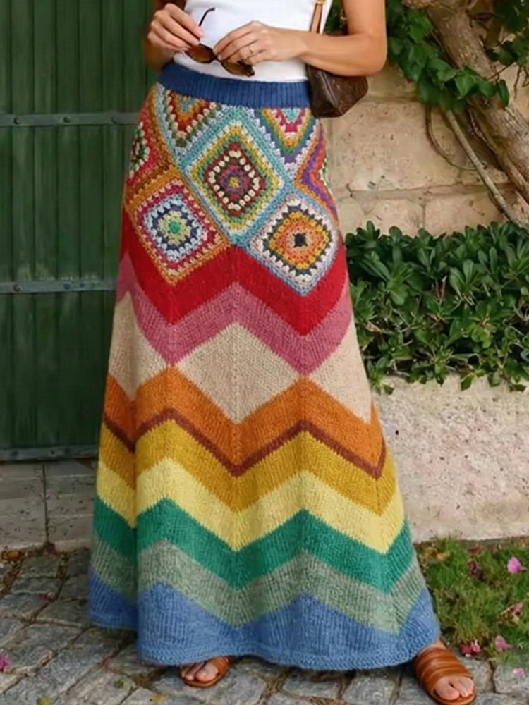 Vintage Classy Spring Vacation Rainbow Color Block Art Cozy Knitted Skirt