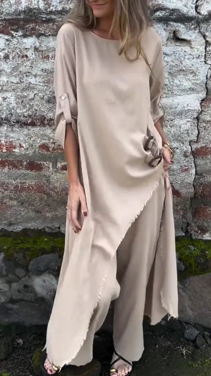 Women Round Neck Irregular Long Top+ Pants Loose Casual Suit