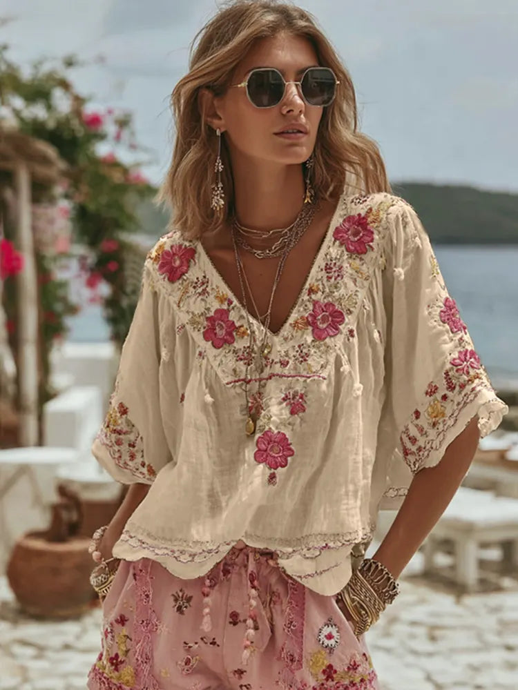Women's Vintage Floral Art Linen Comfy Shirt
