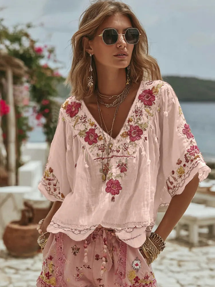 Women's Vintage Floral Art Linen Comfy Shirt