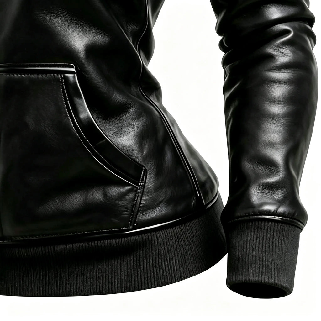Women's Vintage Black Leather Fleece Pocket Hooded Jacket
