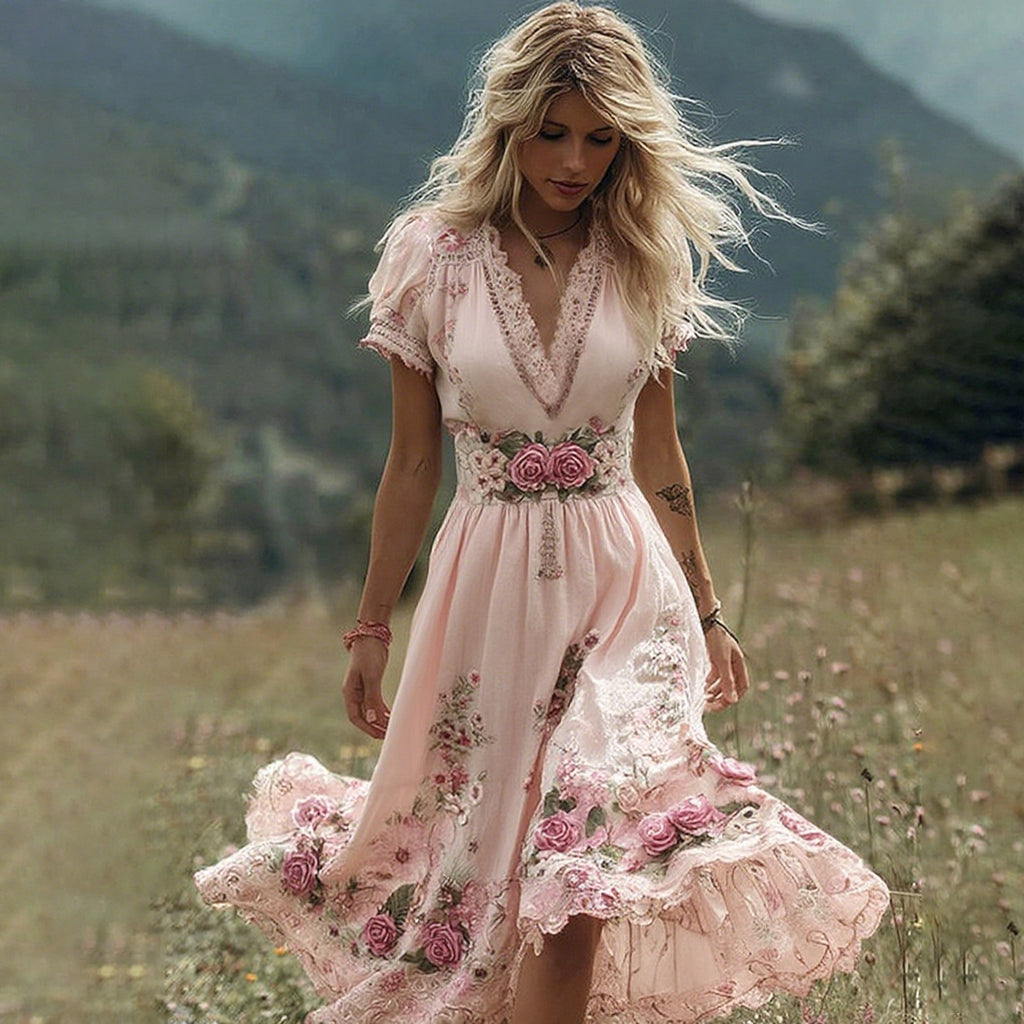 Women's Vintage Rose Embroidery Art Comfy Linen Maxi Dress