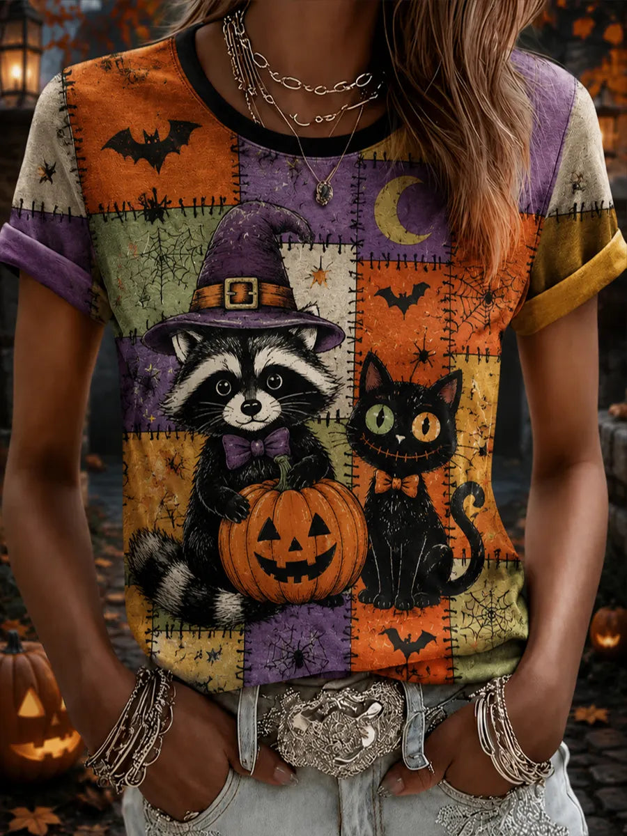 Women's Halloween Cat Funny Print Casual T-Shirt