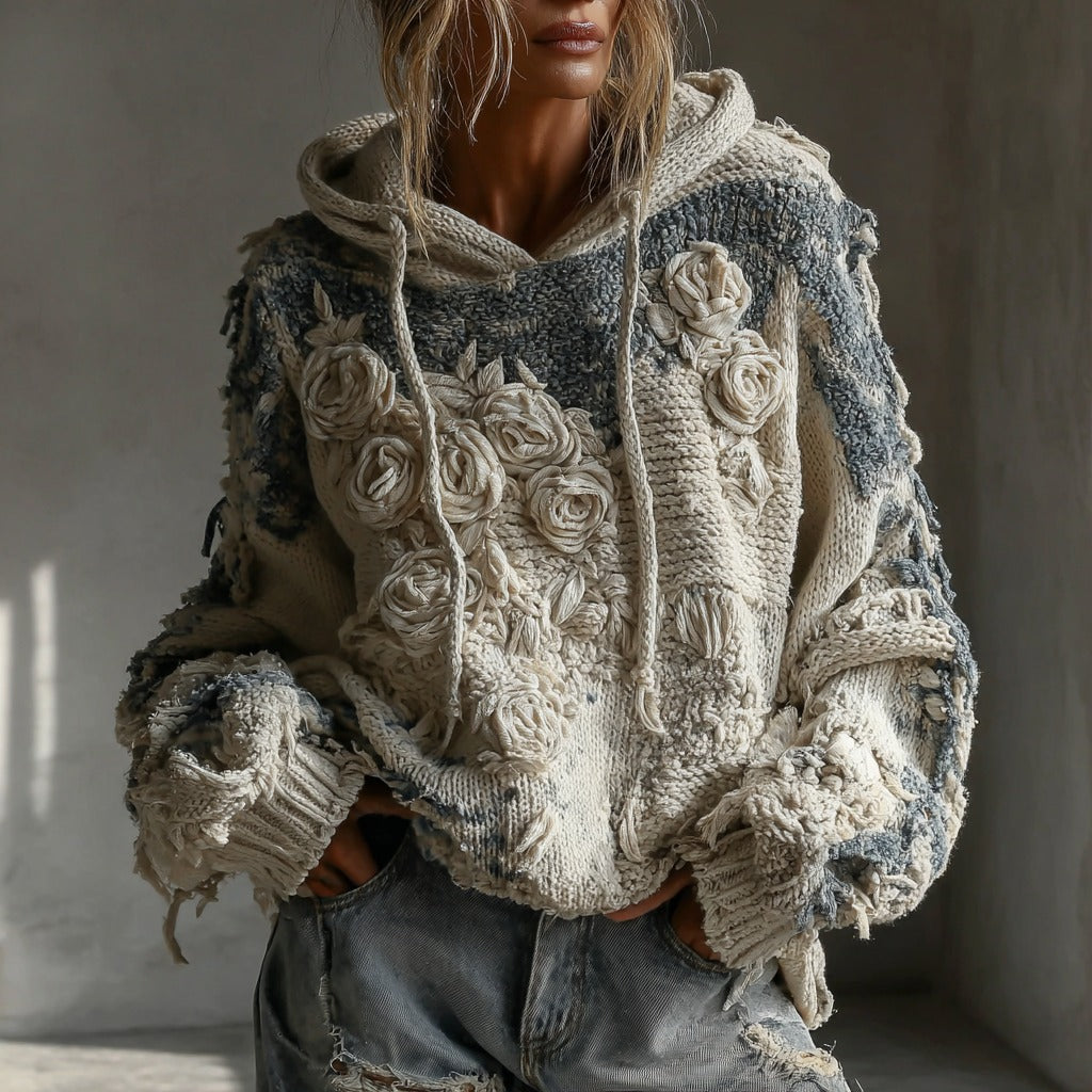 Women's Vintage White Rose Chunky Knit Hoodie Sweater
