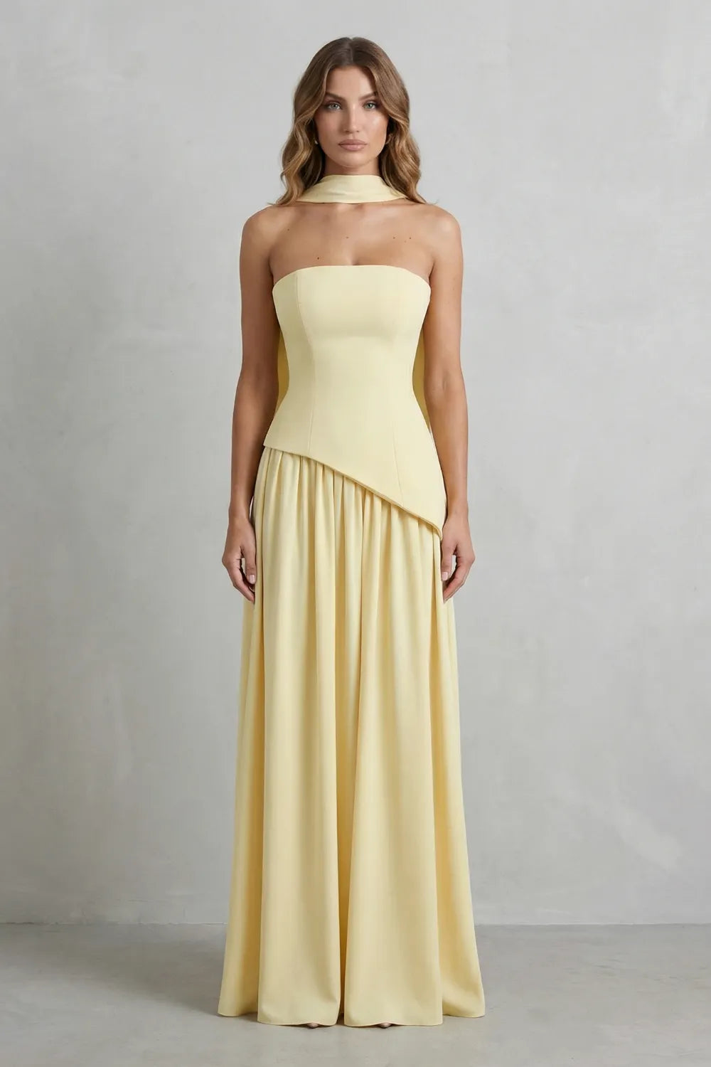 Sculpted draped slit – Strapless maxi dress
