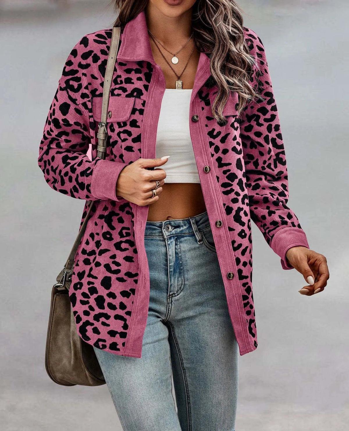 Women's Autumn and Winter Leopard Print Button Long Sleeve Jacket