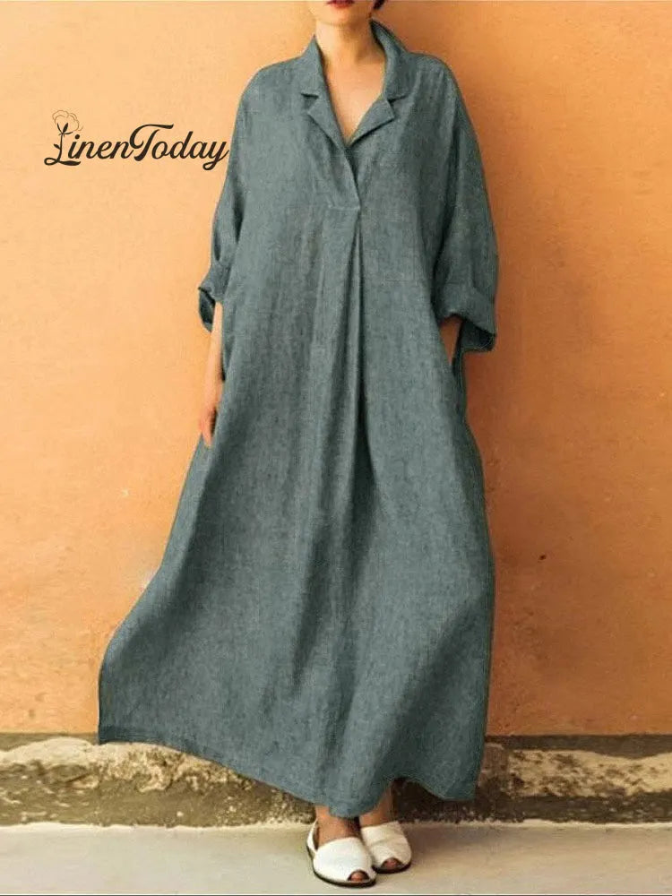 Women's Stylish Casual Loose Long Sleeve Solid Color Cotton And Linen Long Dress