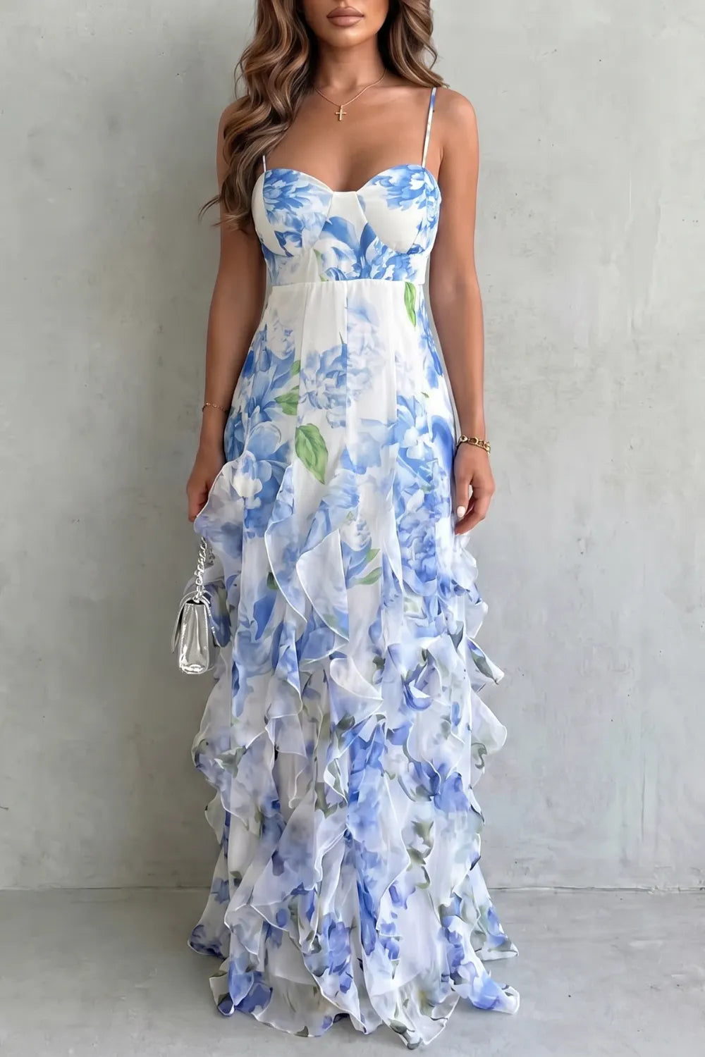 Sheer floral cascade – Ruffled evening maxi dress