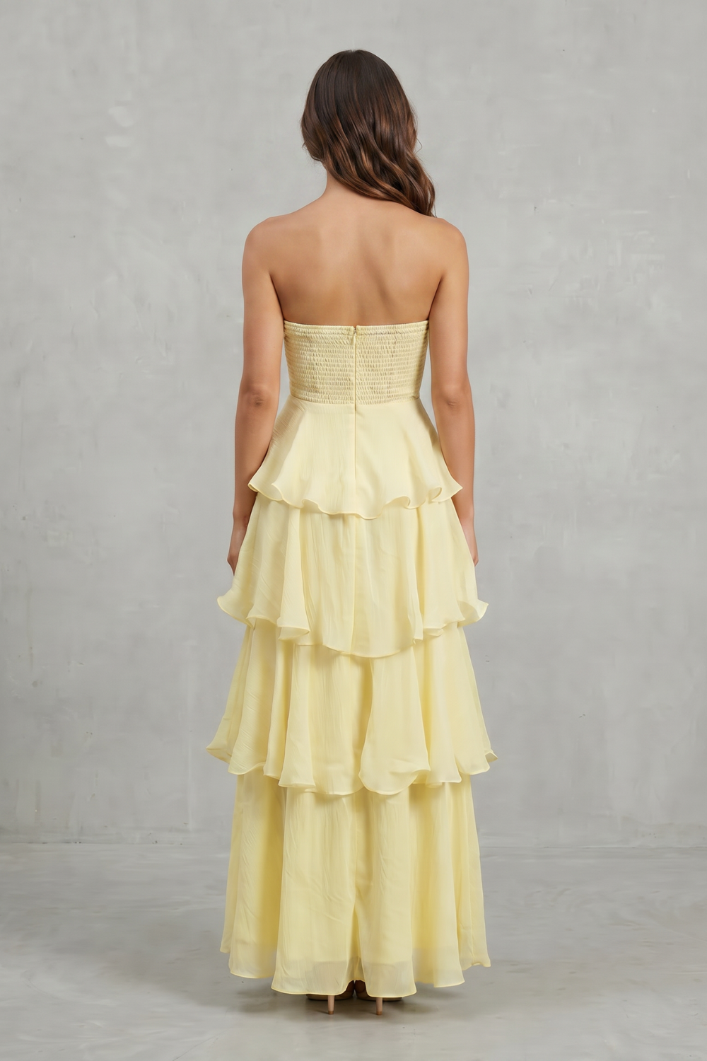 Soft cascading layers – Strapless tiered maxi dress