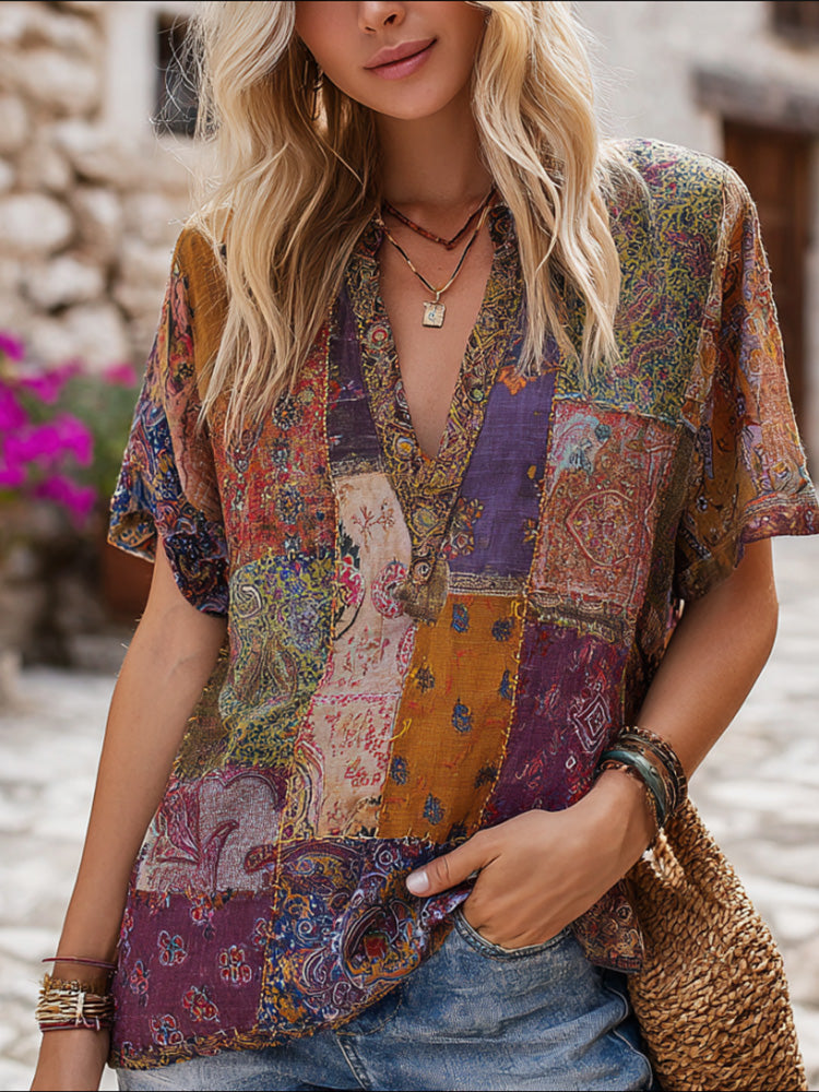 Vintage Paisley Floral Patchwork V-neck Short Sleeve T-shirt