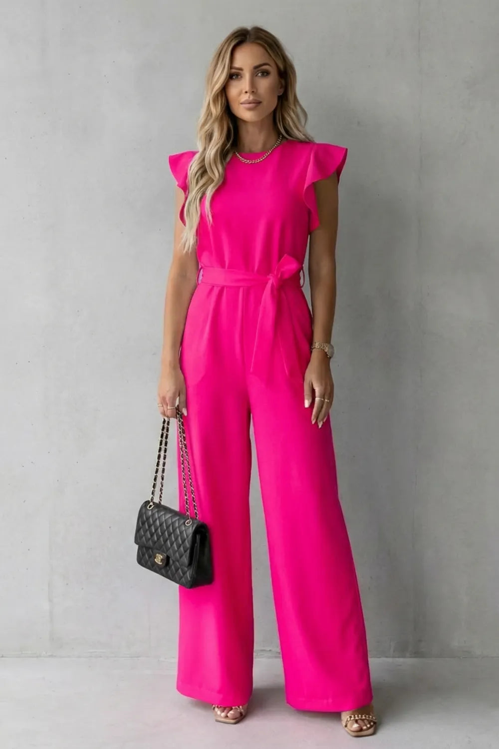 Ruffle sleeve belted – Wide-leg jumpsuit