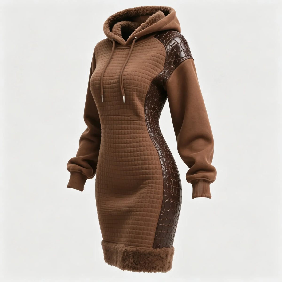 Women's Contrast Color Stitching Suede Lambswool Lapel Hooded Long Sweatshirt Dress