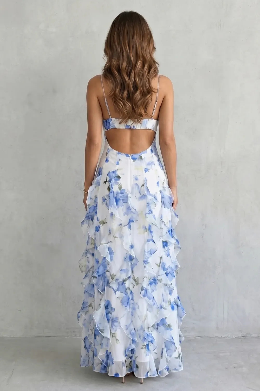 Sheer floral cascade – Ruffled evening maxi dress