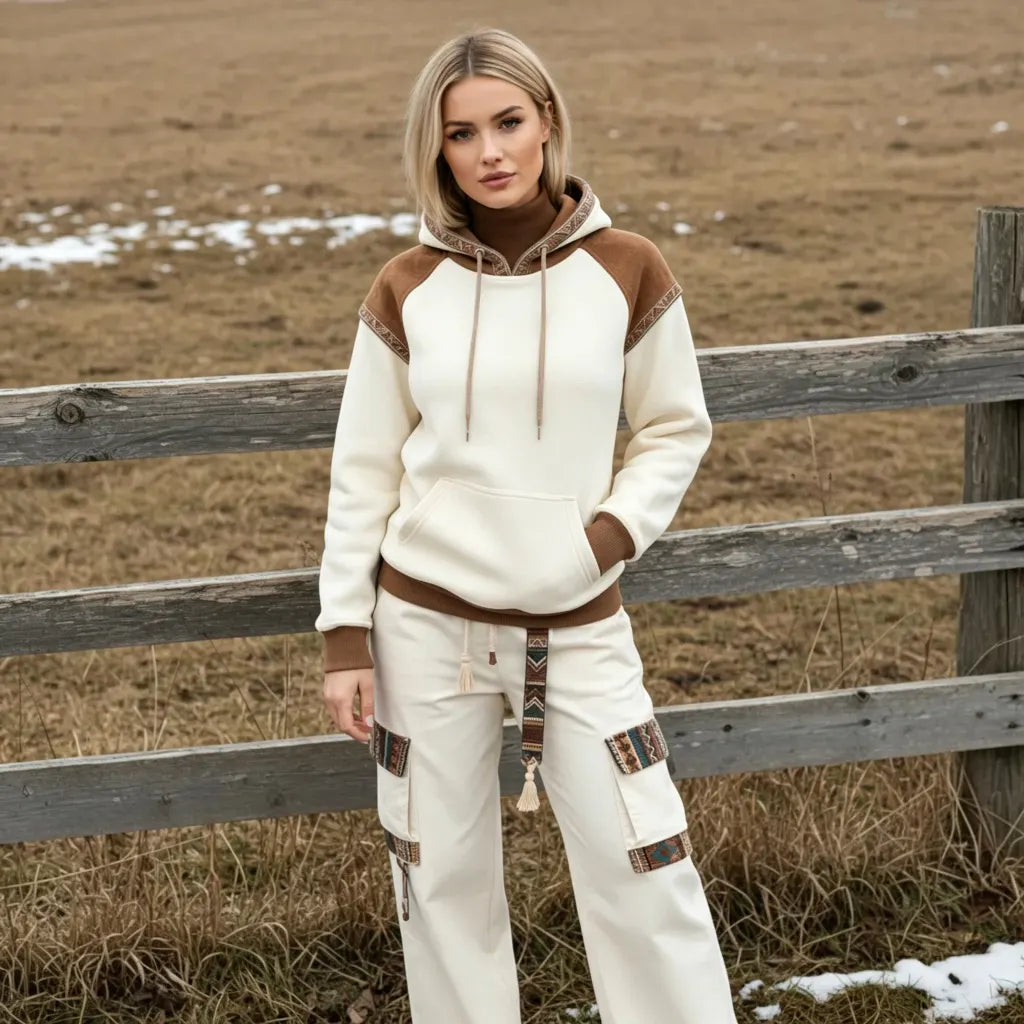 Women's Retro Ethnic Style Stand Collar Hooded Sweatshirt set