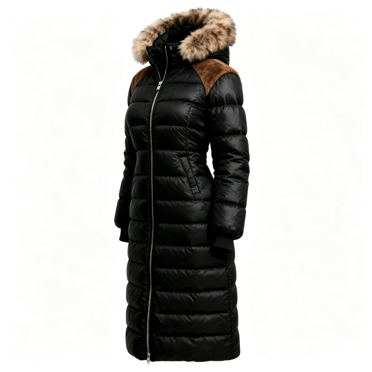 Retro Women's Color Block Patchwork Fur Collar Stand Collar Long Hooded Coat