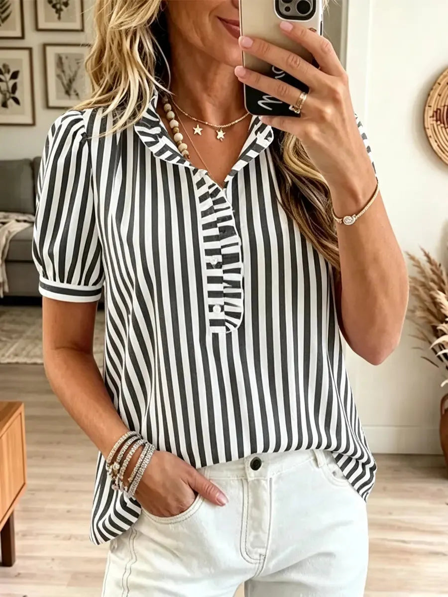 Retro Stripe Pattern Art Ruffle Casual Stylish Short Sleeve Shirt
