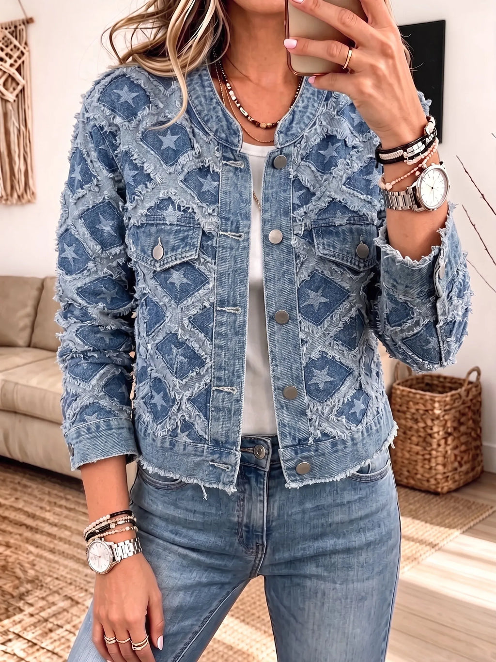 Women Star Patchwork Frayed Denim Jacket, Raw Edge Button‐Down Cropped Jean Outerwear