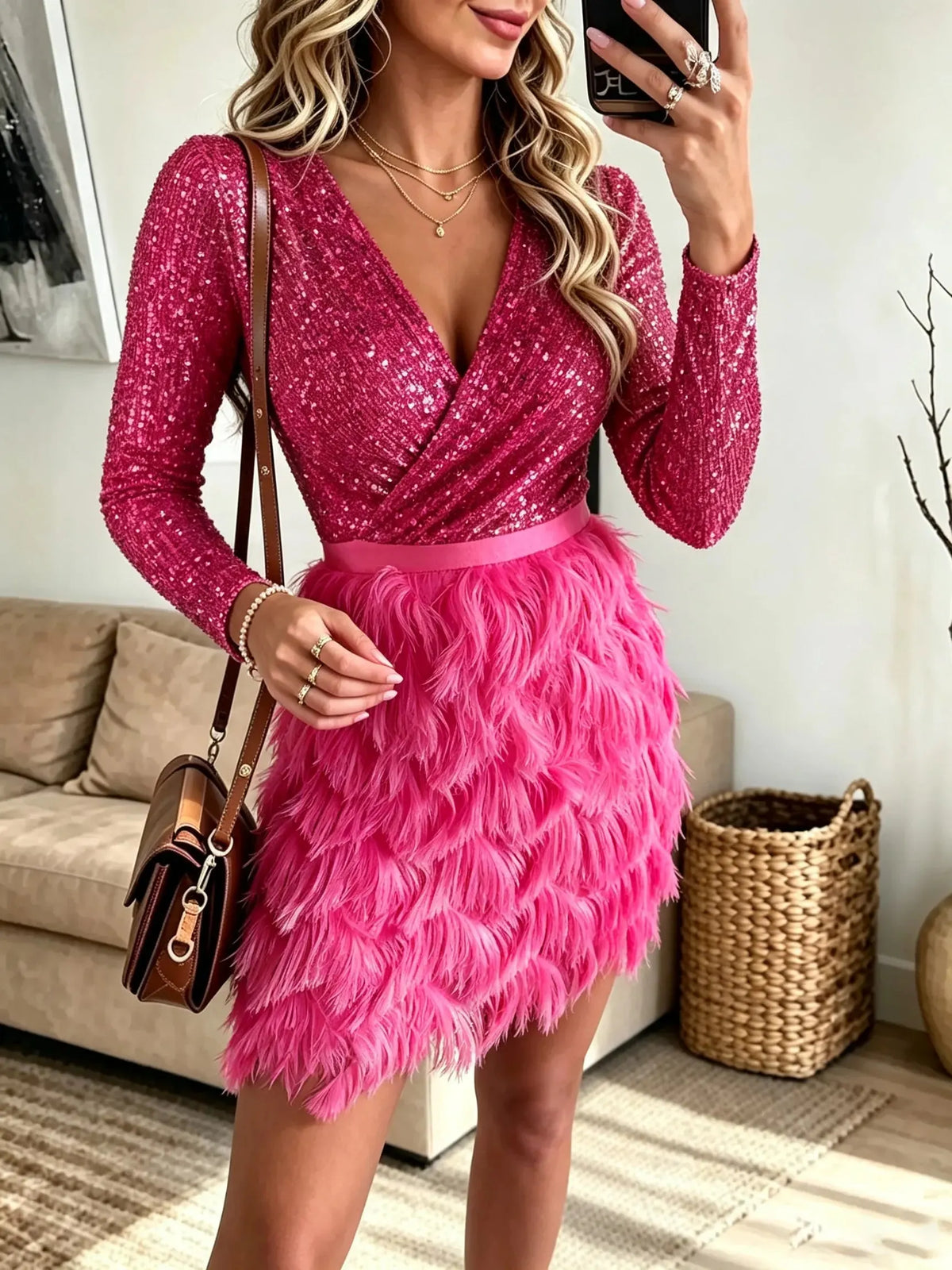 Women's Sequin Wrap Feather Fringe Mini Dress