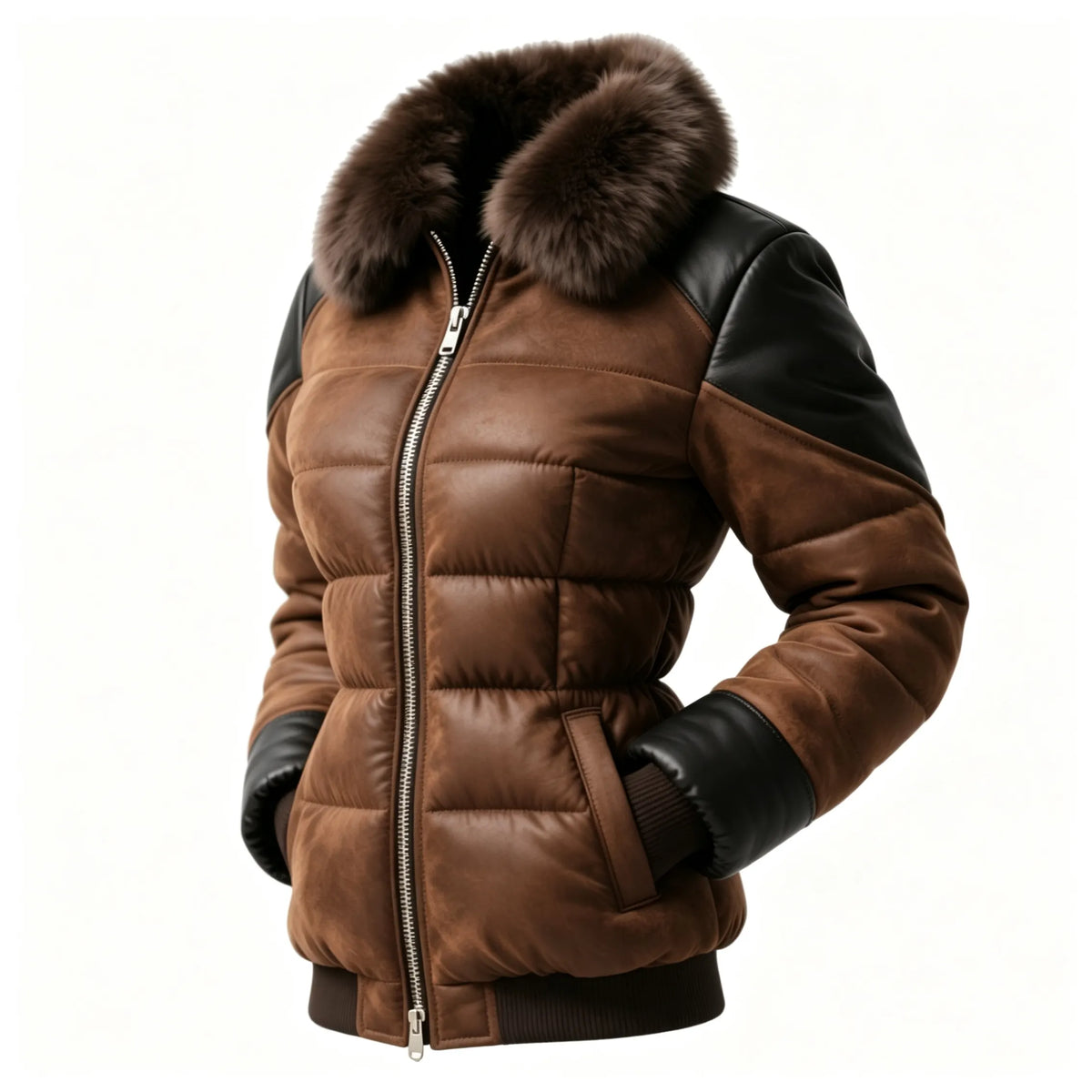 Retro Women's Contrast Color Stitching Fur Collar Stand Collar Coat