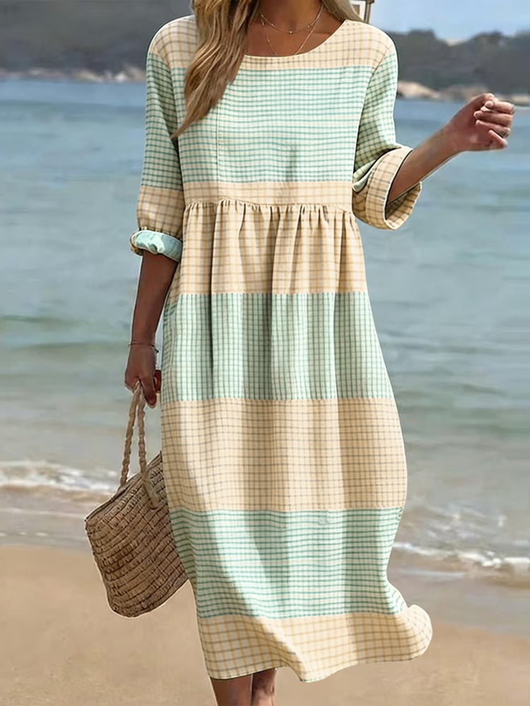 Women's Japanese Color Block Art Linen-blend Maxi Dress