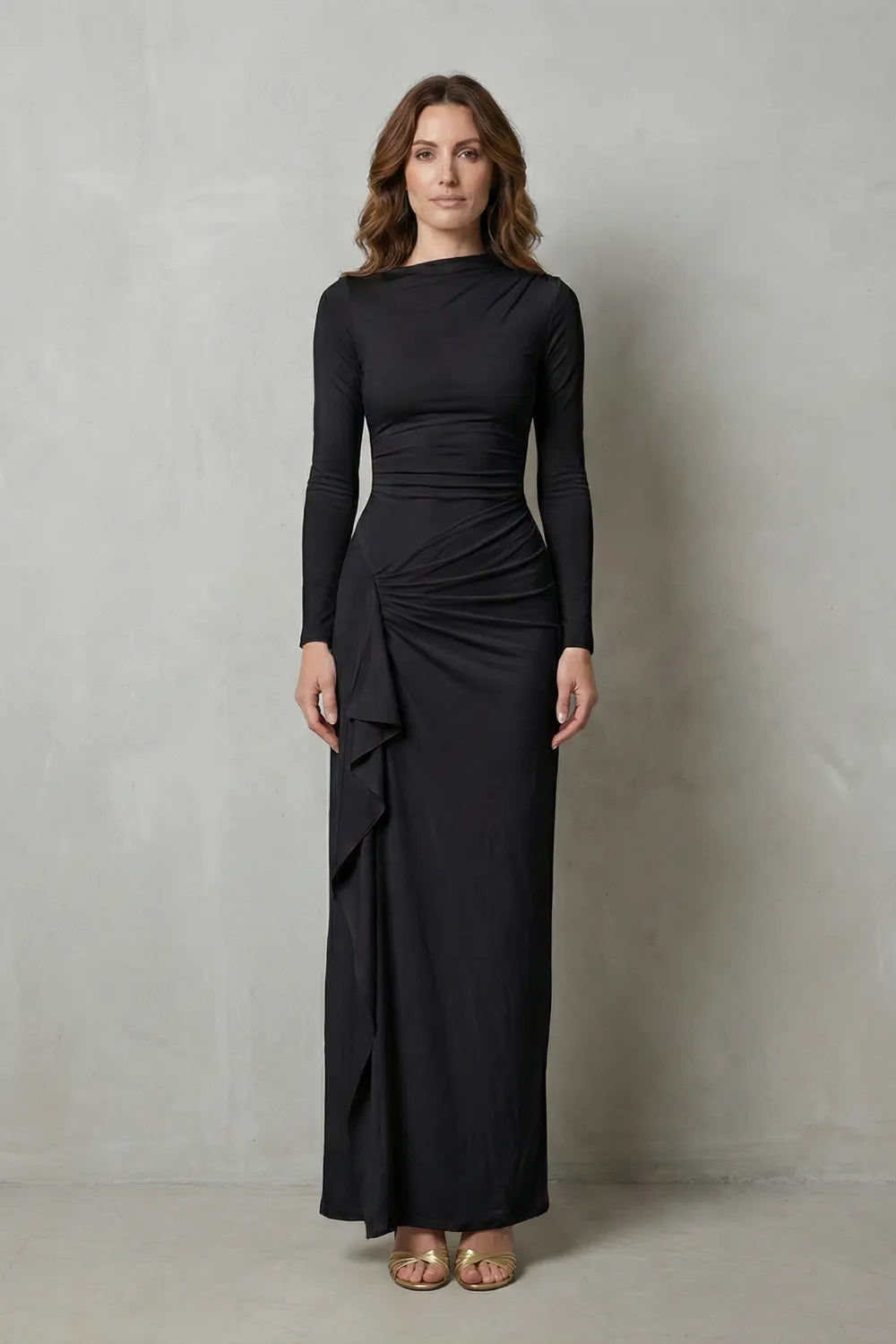 Sculpted side drape – Long sleeve maxi gown