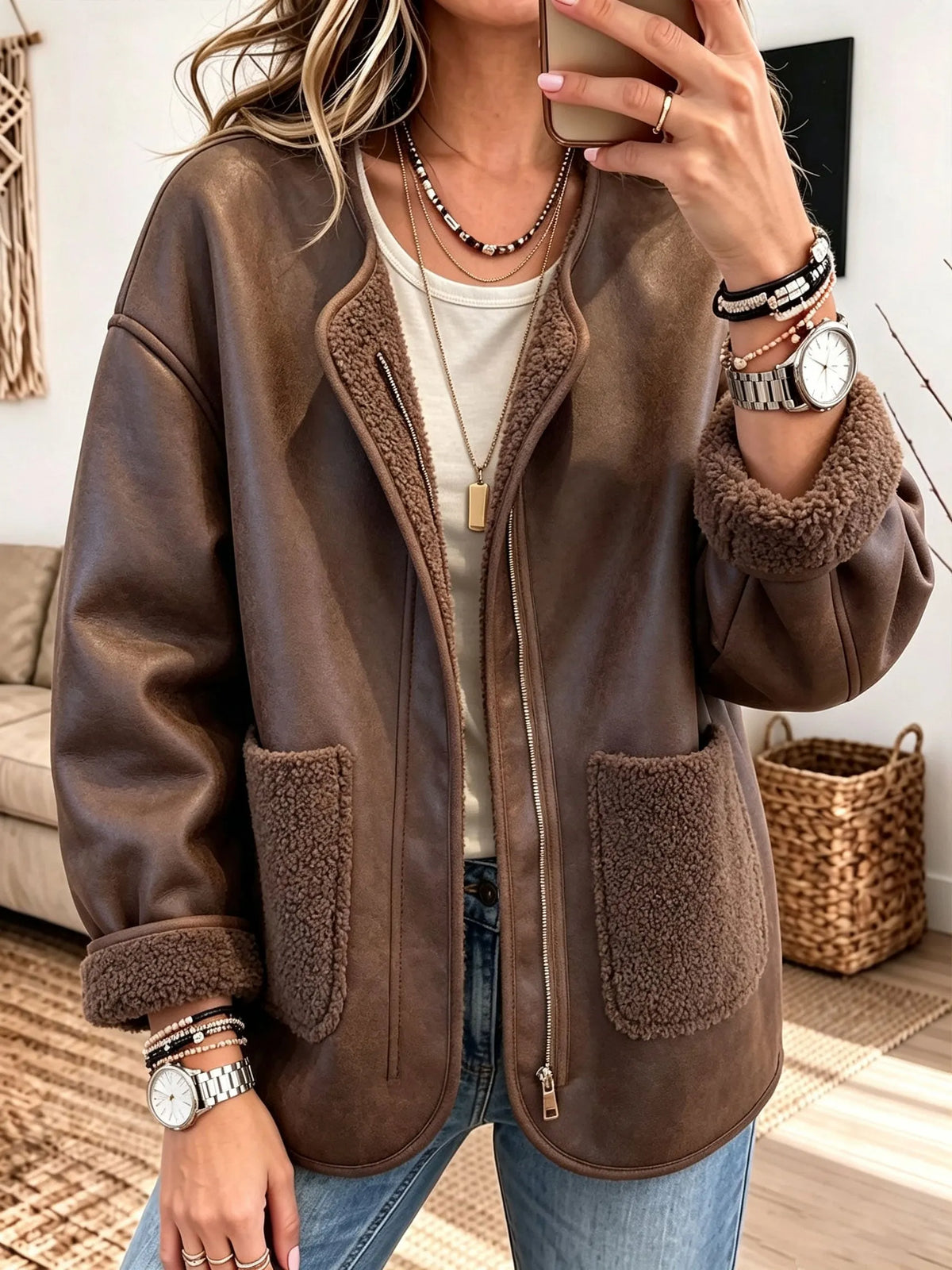 Women Drop Shoulder Pocket Vintage Faux Leather Sherpa Lined Zip Jacket  Outerwear