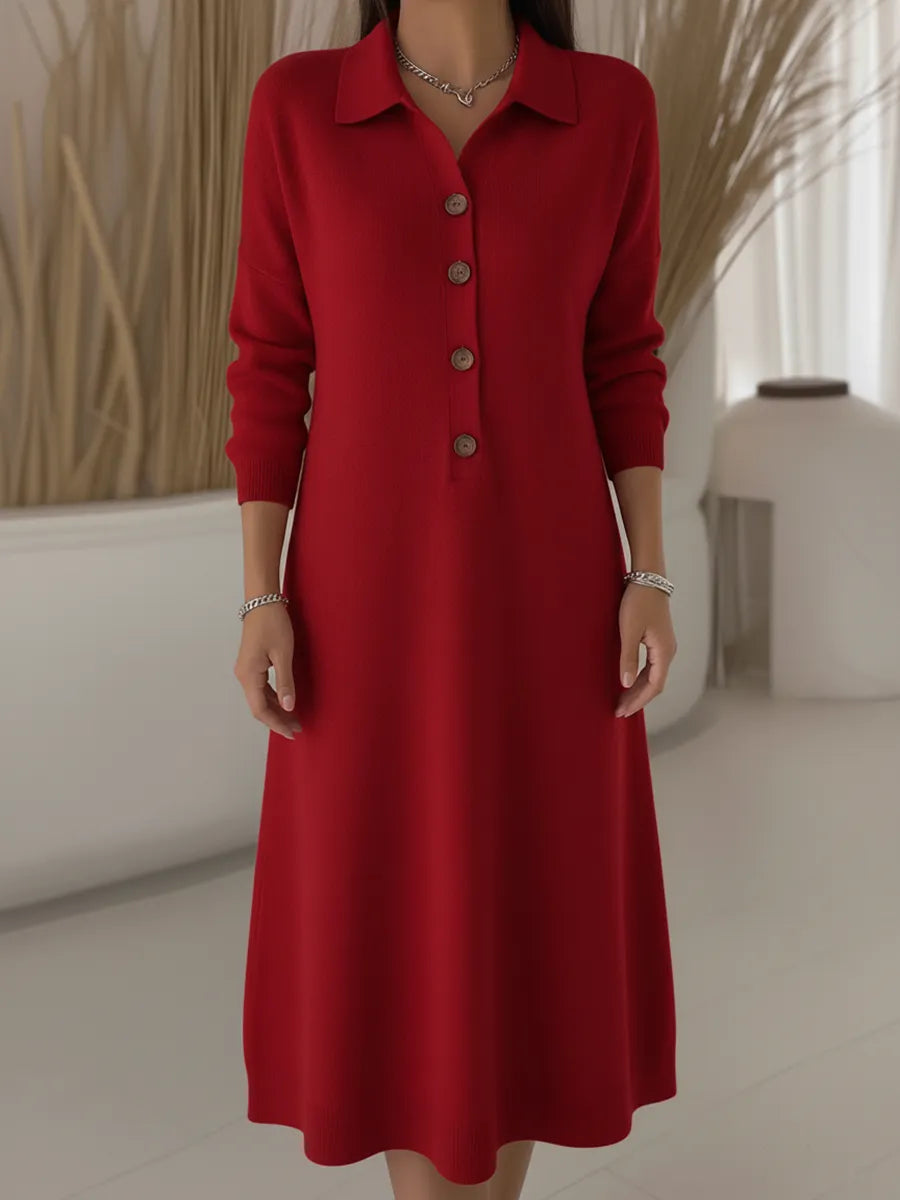 Classic Polo Collar Button Solid Color Knitted Midi Dress