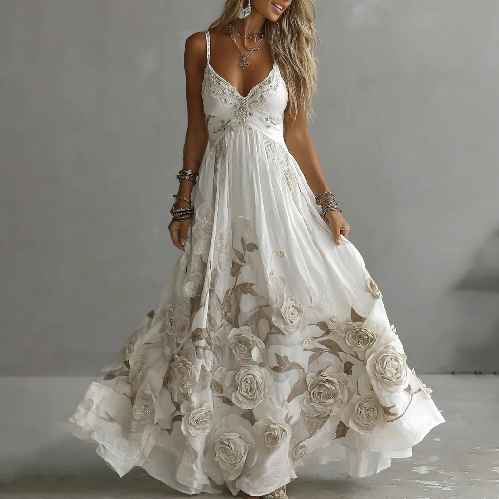Women's Vintage Rose Embroidery Art V-neck Suspender Maxi Dress