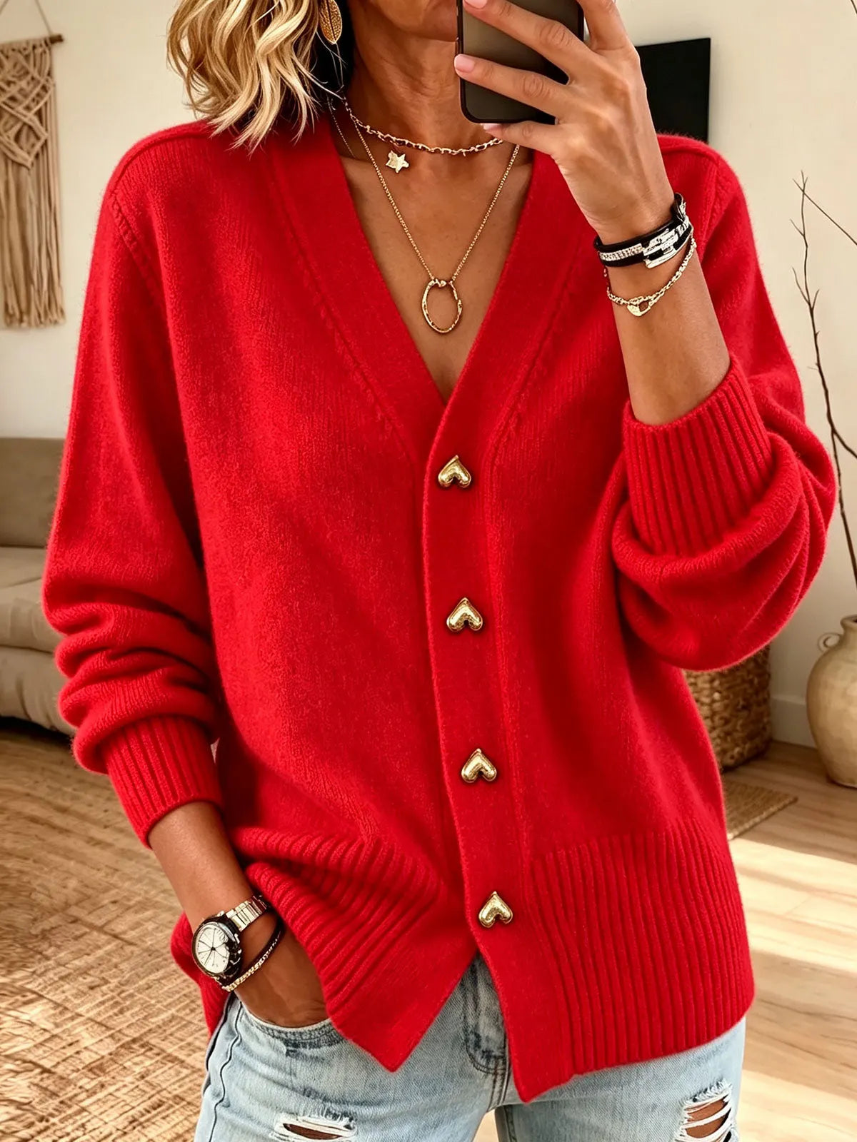 Women Red V‐neck Knit Heart‐shape Gold Button Long Sleeve Sweater Cardigan