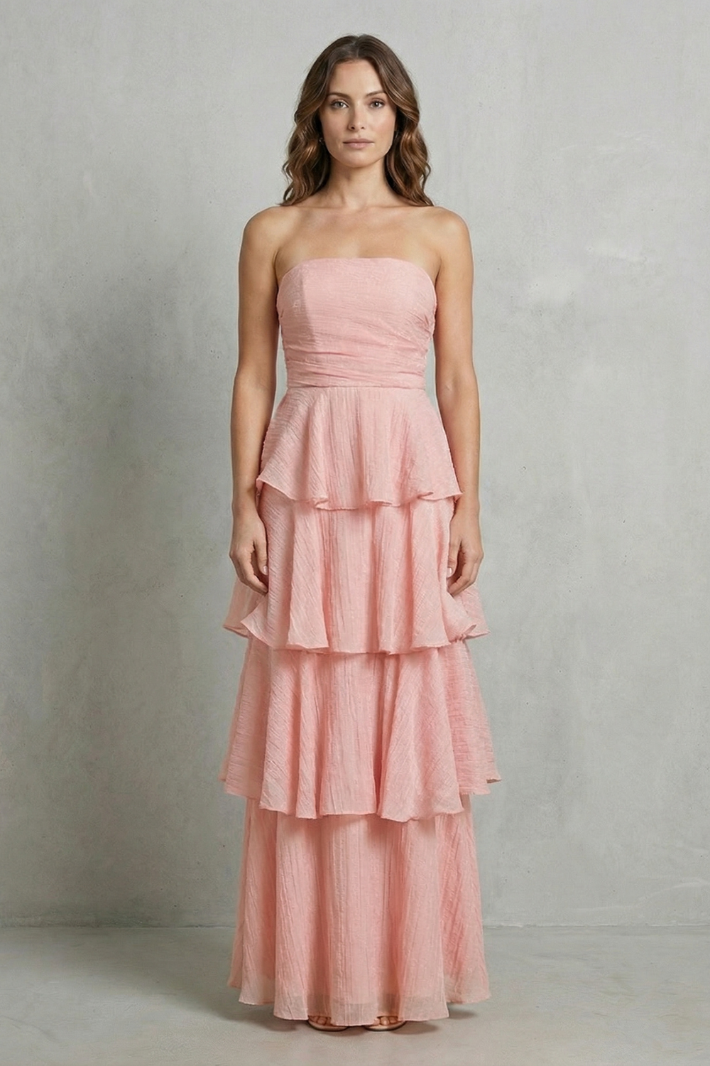 Soft cascading layers – Strapless tiered maxi dress