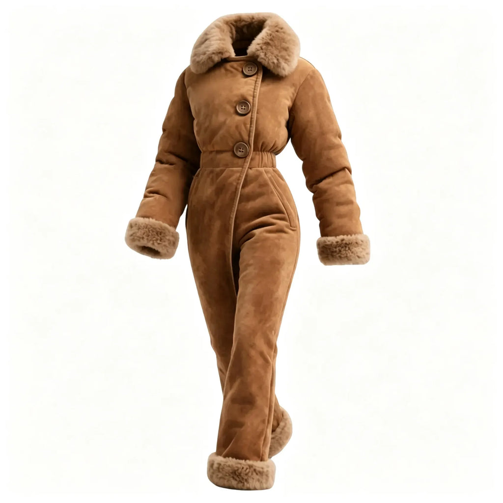 Women's Retro Thick Fur Collar Lapel Long Sleeve Jumpsuit