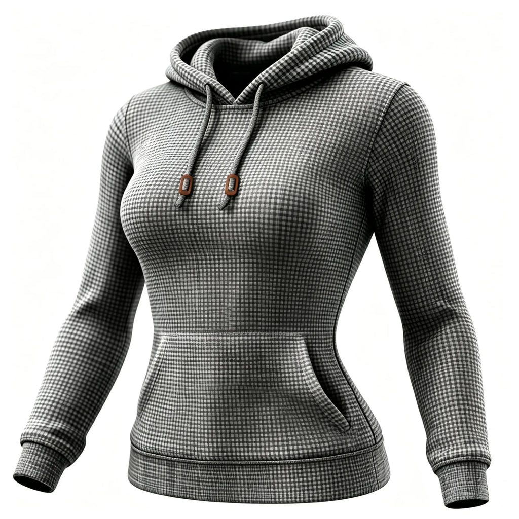 Women's Vintage Floral Gray Waffle Knit Pocket Long-Sleeved Hoodie