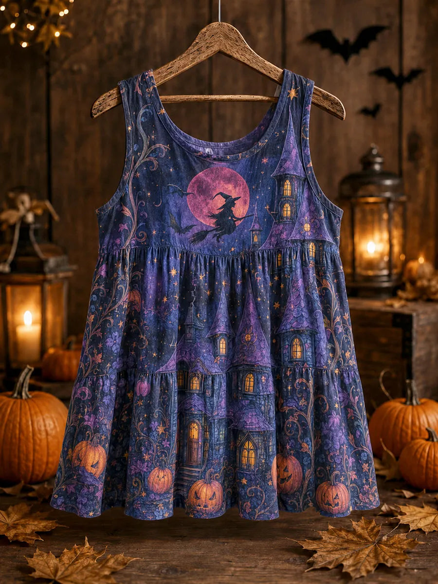 Enchanted Midnight Witch Castle Halloween Sleeveless Tank Top